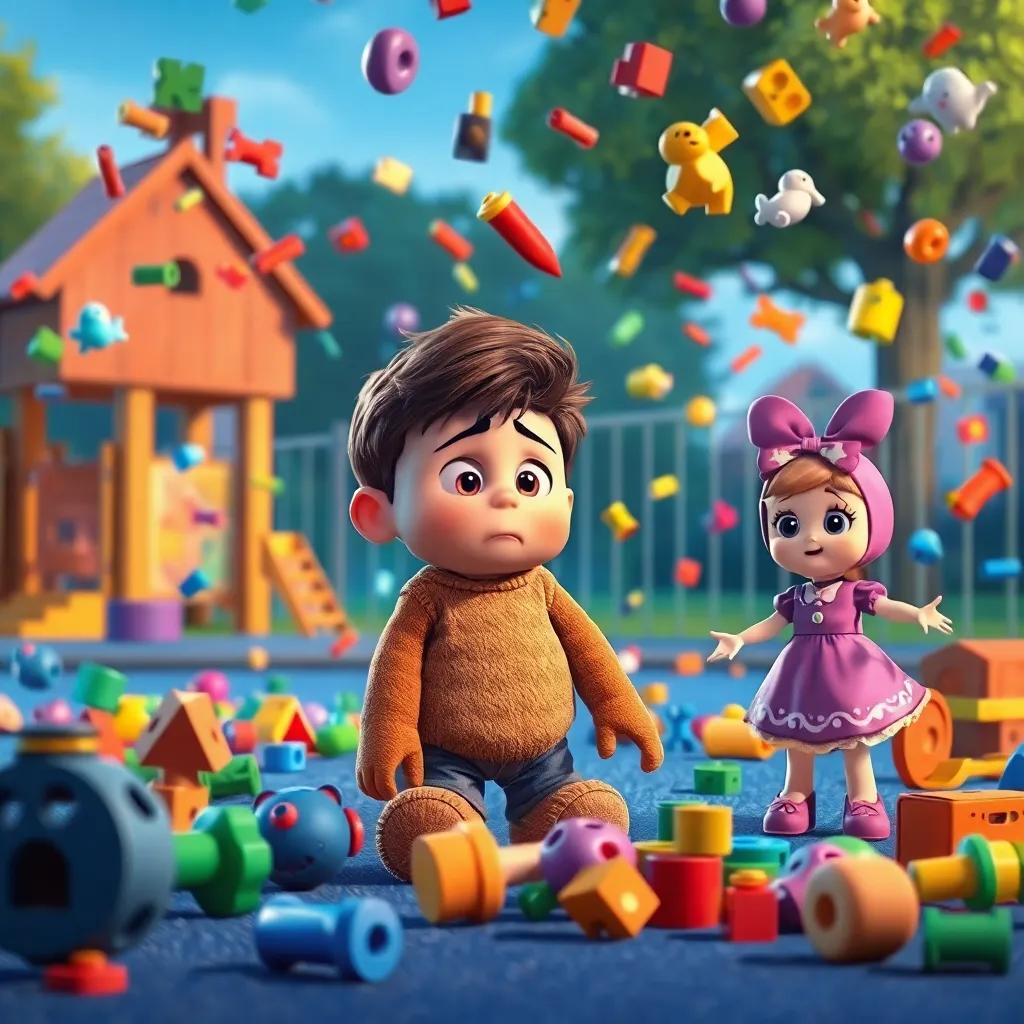 Max looks worried as a gust of wind blows in a playground, toys scattering everywhere while Benny the teddy bear and Daisy the doll look determined to help, colorful toys in the air, bright light, action scene, detailed illustration