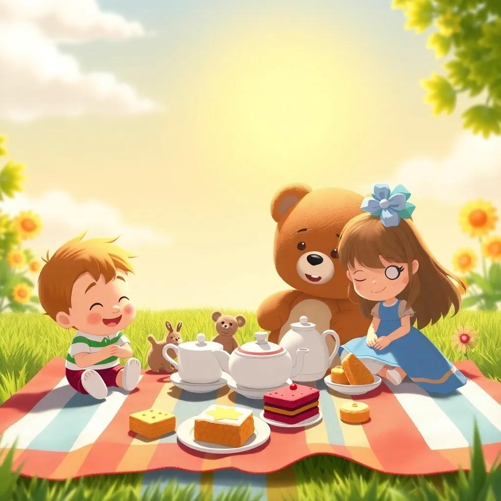 Max, Benny the teddy bear, and Daisy the doll having a picnic tea party under the sunny sky, with tasty treats laid out on a colorful blanket, surrounded by laughter, cheerful atmosphere, illustration, warm tones