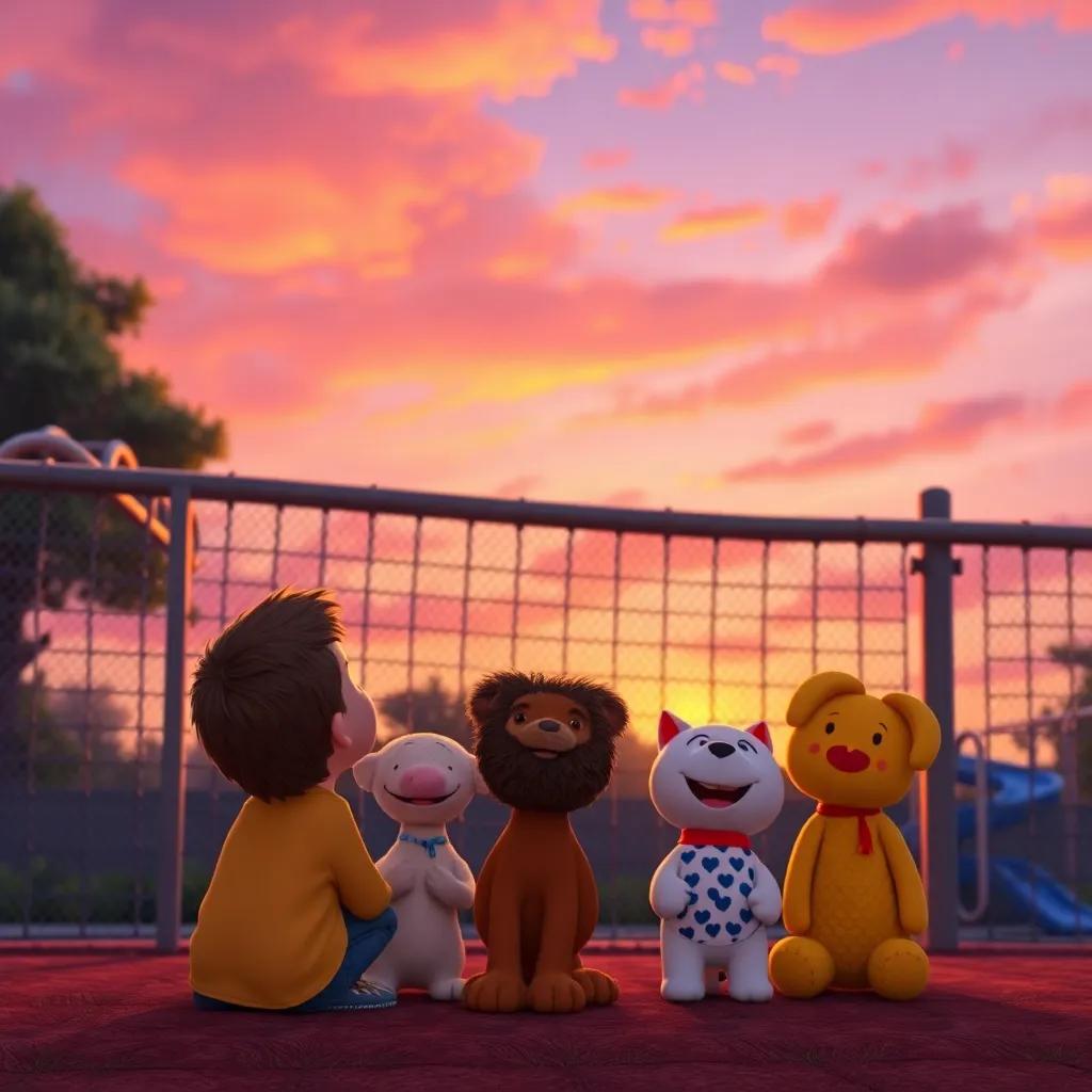 Max and his toy friends watching the sunset from the playground, sky painted orange and purple, feeling gratitude and happiness, peaceful moment, digital painting, lovely colors