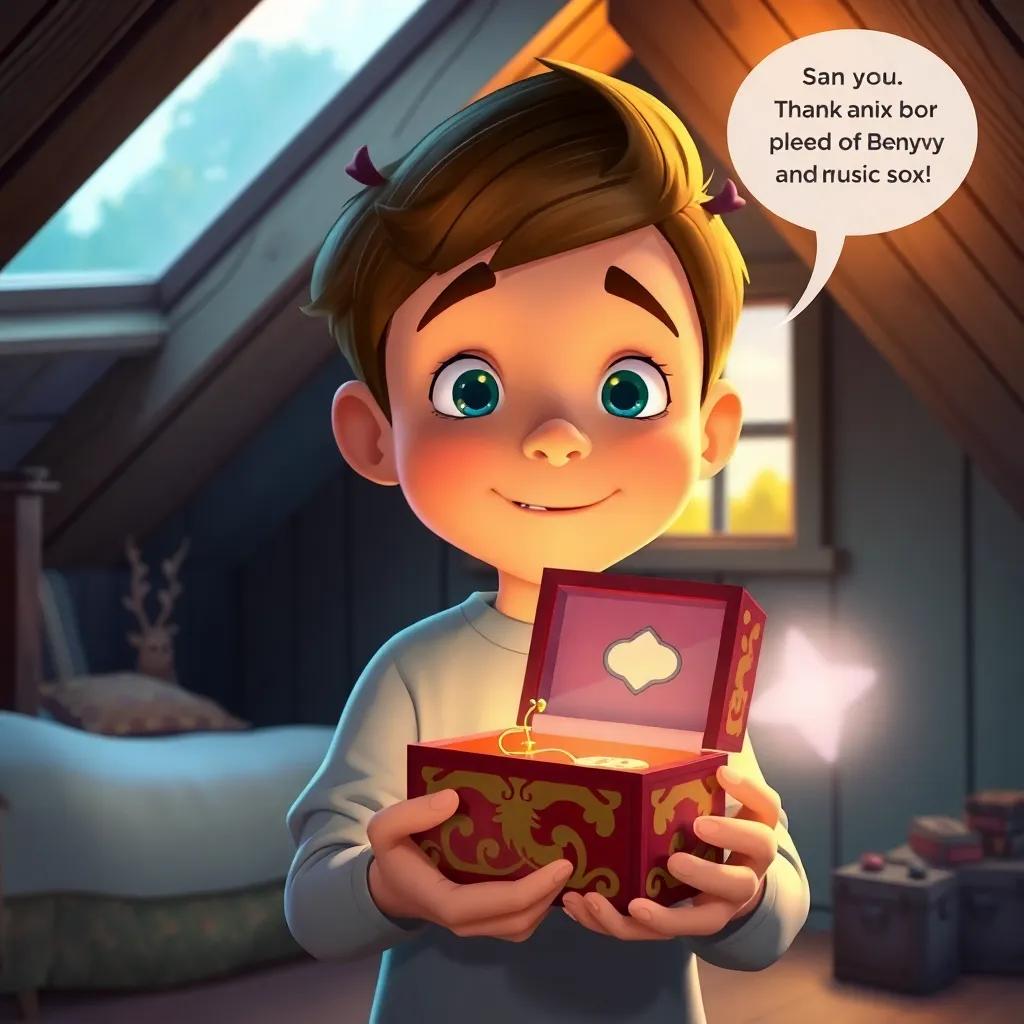 Max holding the music box in the attic, with a gentle smile, saying thank you to Benny and Daisy, warm light from a window, magical glow around the music box, cozy atmosphere, children's illustration
