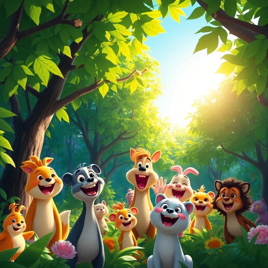 A sunny forest filled with happy animals, the sun shining through green leaves, animals smiling and looking excited, digital art, cheerful and colorful, inviting atmosphere, high quality