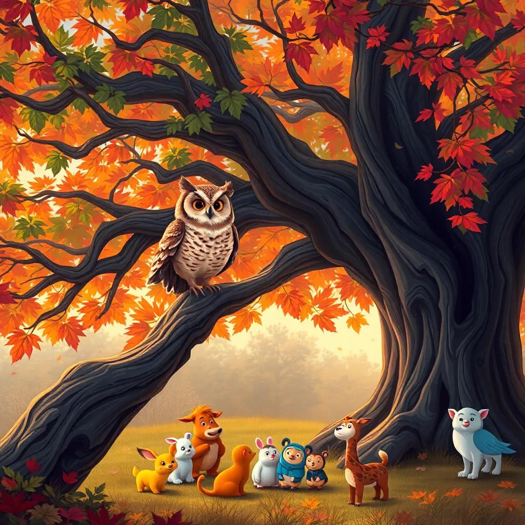 A wise old owl sitting on a branch, calling animals for a meeting under a big oak tree, animals gathered below, colorful leaves, digital painting, warm colors, engaging scene, high quality