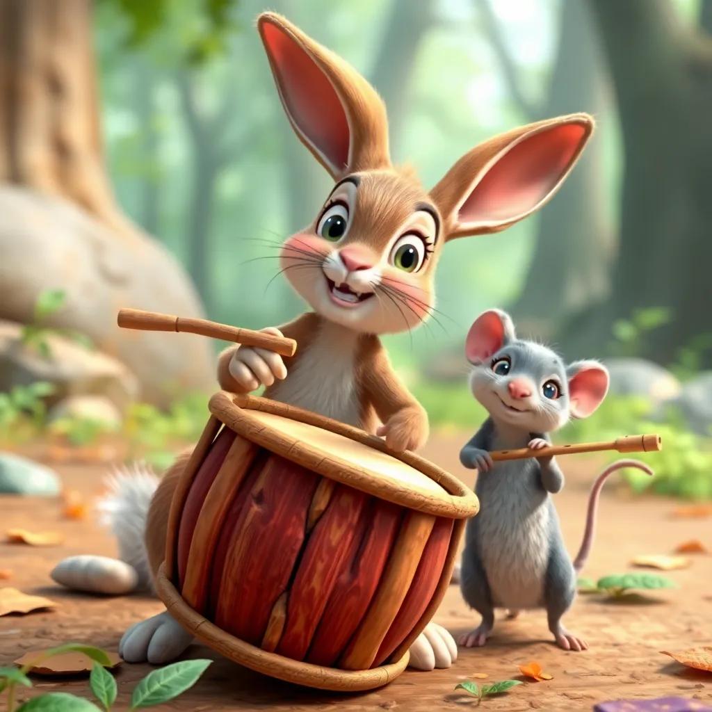 A clever rabbit playing drums made from sticks, a little mouse nearby playing a bamboo flute, cheerful expressions, forest setting, lively atmosphere, bright colors, child-friendly style, high quality