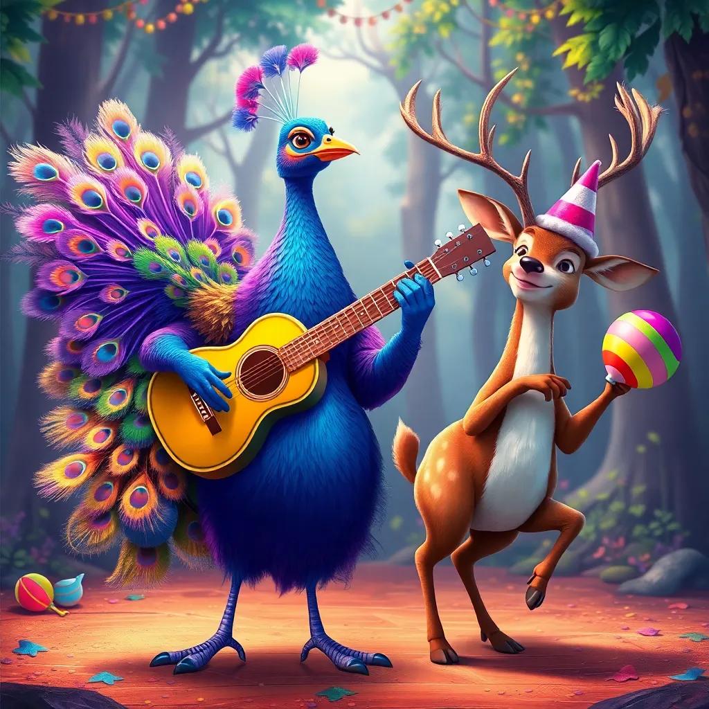 A proud peacock playing a shiny guitar, a gentle deer shaking maracas, colorful hats on each animal, joyful dancing, vibrant forest background, colorful digital art, celebration scene, high quality