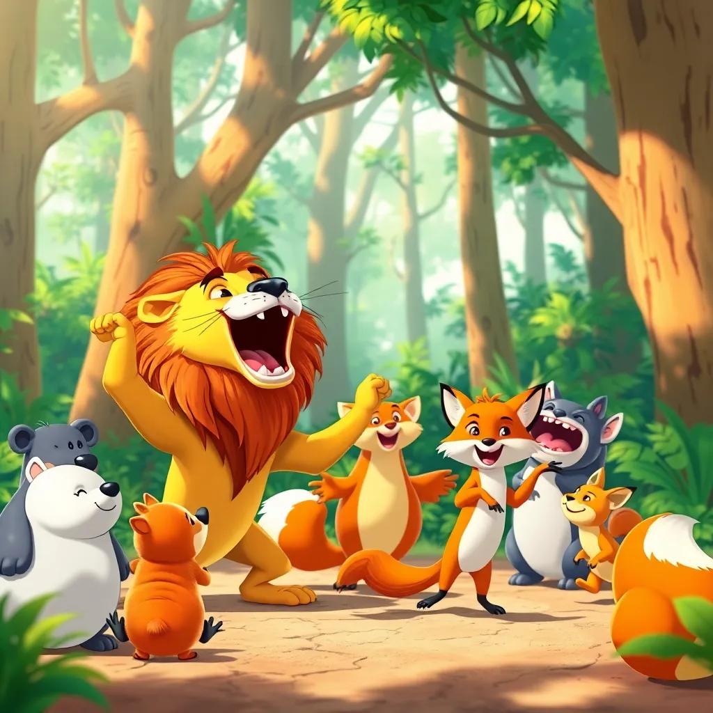 Animals practicing together in the forest, a lion roaring rhythmically, a fox dancing, bright atmosphere, laughter and joy, diverse animal characters, fun and lively, high quality