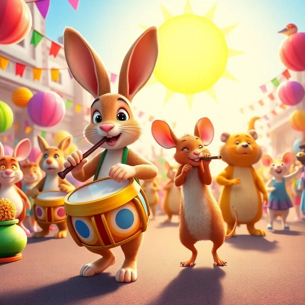 An animal parade starting with a rabbit on drums and a mouse on flute, colorful decorations around, animals dancing happily, sun shining brightly, festive mood, bright and vivid colors, high quality