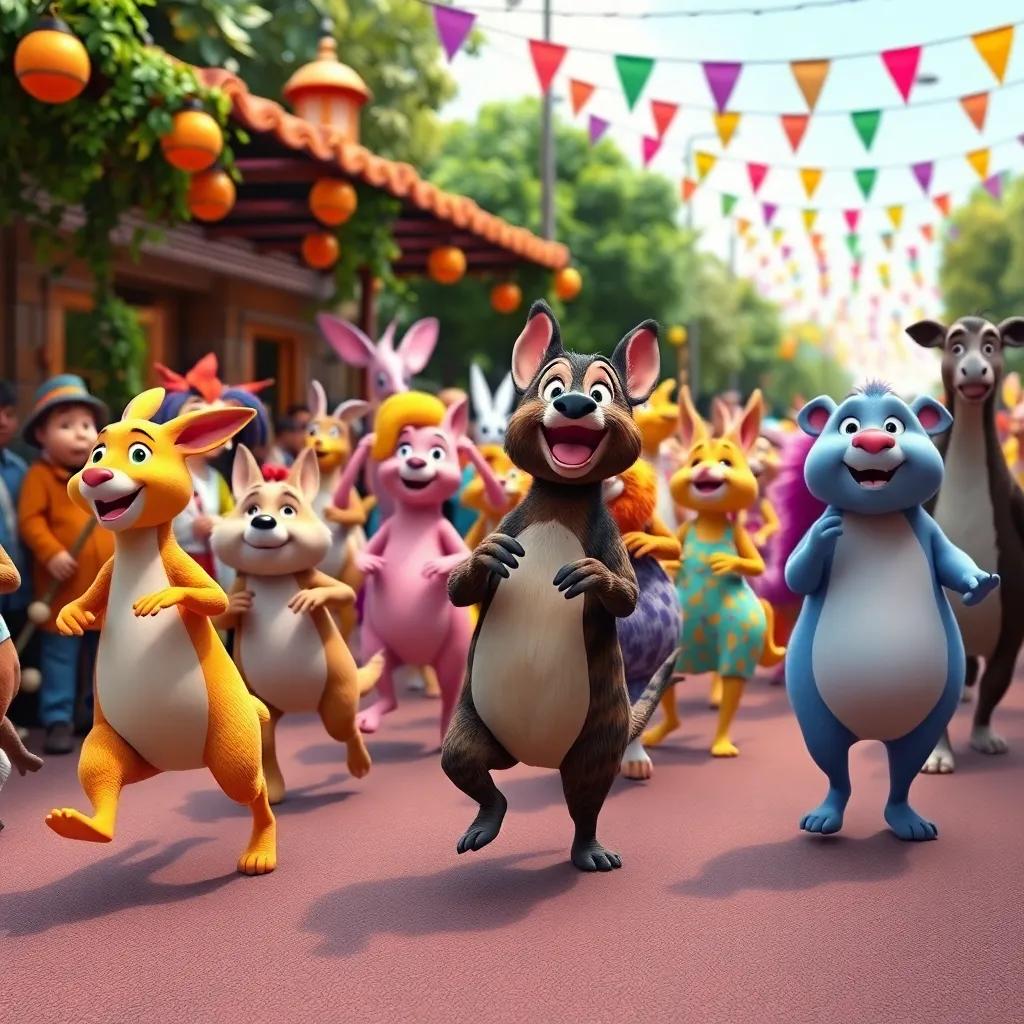 A delightful parade with animals tapping their feet, colorful and vibrant scene, filled with joy and music, band of various animals, lively background, cheerful atmosphere, high quality