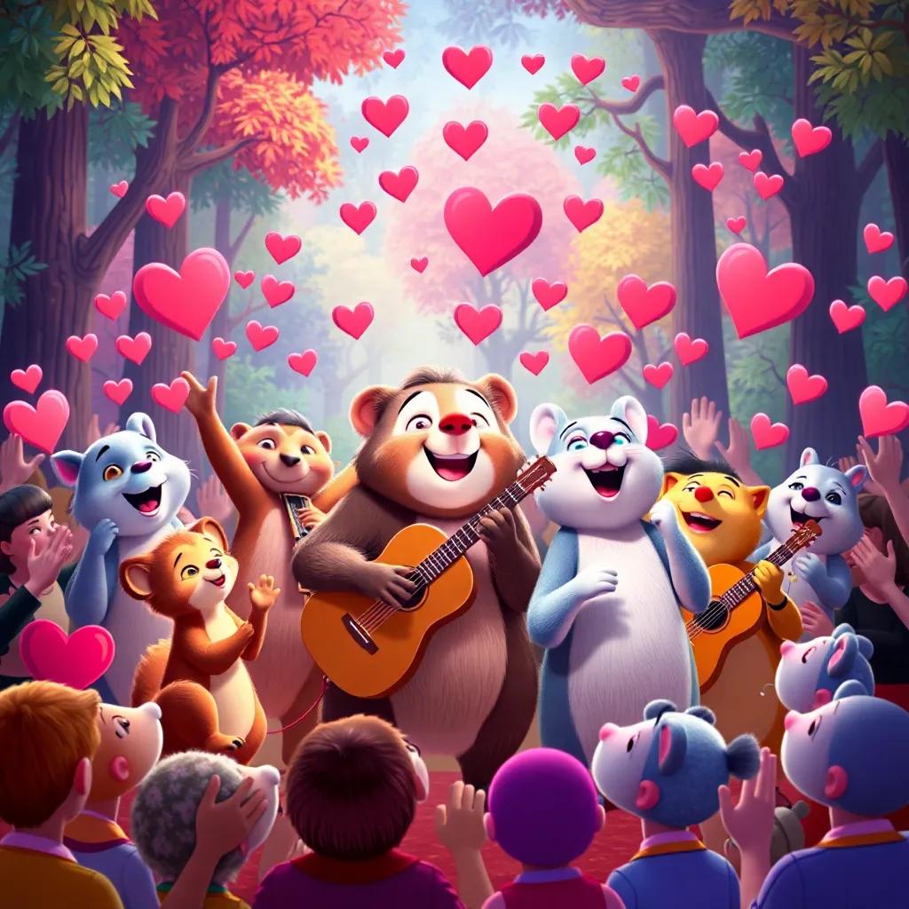 Animals celebrating with their instruments, surrounded by clapping crowd, hearts filled with joy, colorful forest backdrop, happy faces, engaging and lively, high quality