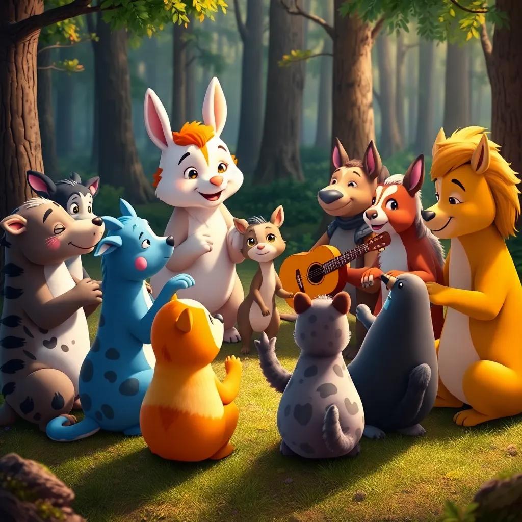 A charming scene of animals in a circle, paws and hooves joined, celebrating their music together, happiness radiating, forest setting, vibrant colors, warm atmosphere, high quality