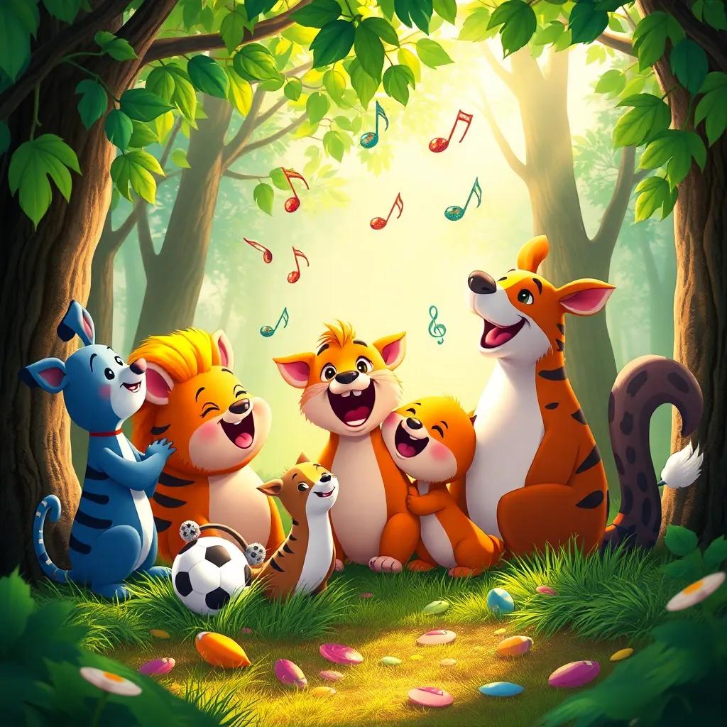Animals playing together in the forest, music notes floating in the air, sunlight filtering through leaves, joyful expressions, magical moment, colorful and bright, high quality