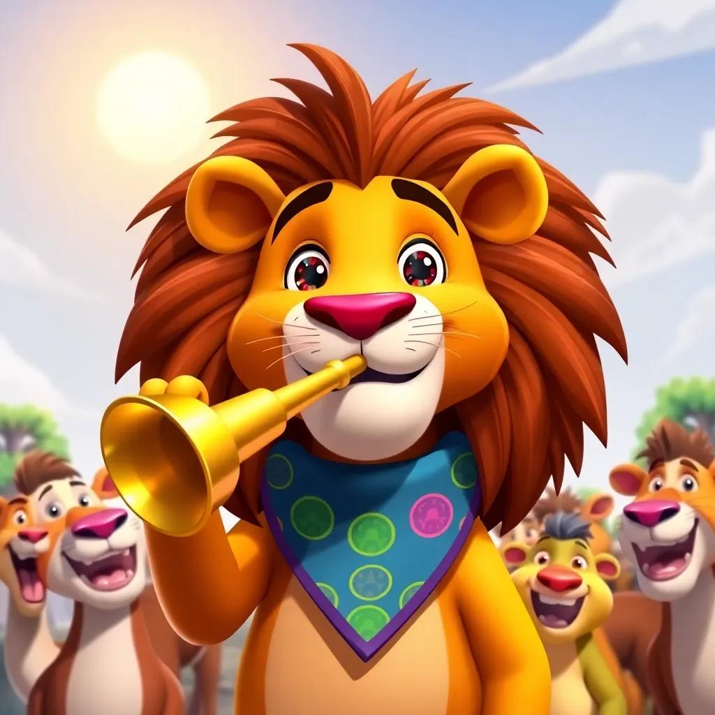 A proud lion wearing a colorful bandana, blowing a shiny trumpet, other animals gathered around him, sunny sky behind, happy and excited expressions, cute and friendly style, bright colors, cheerful setting