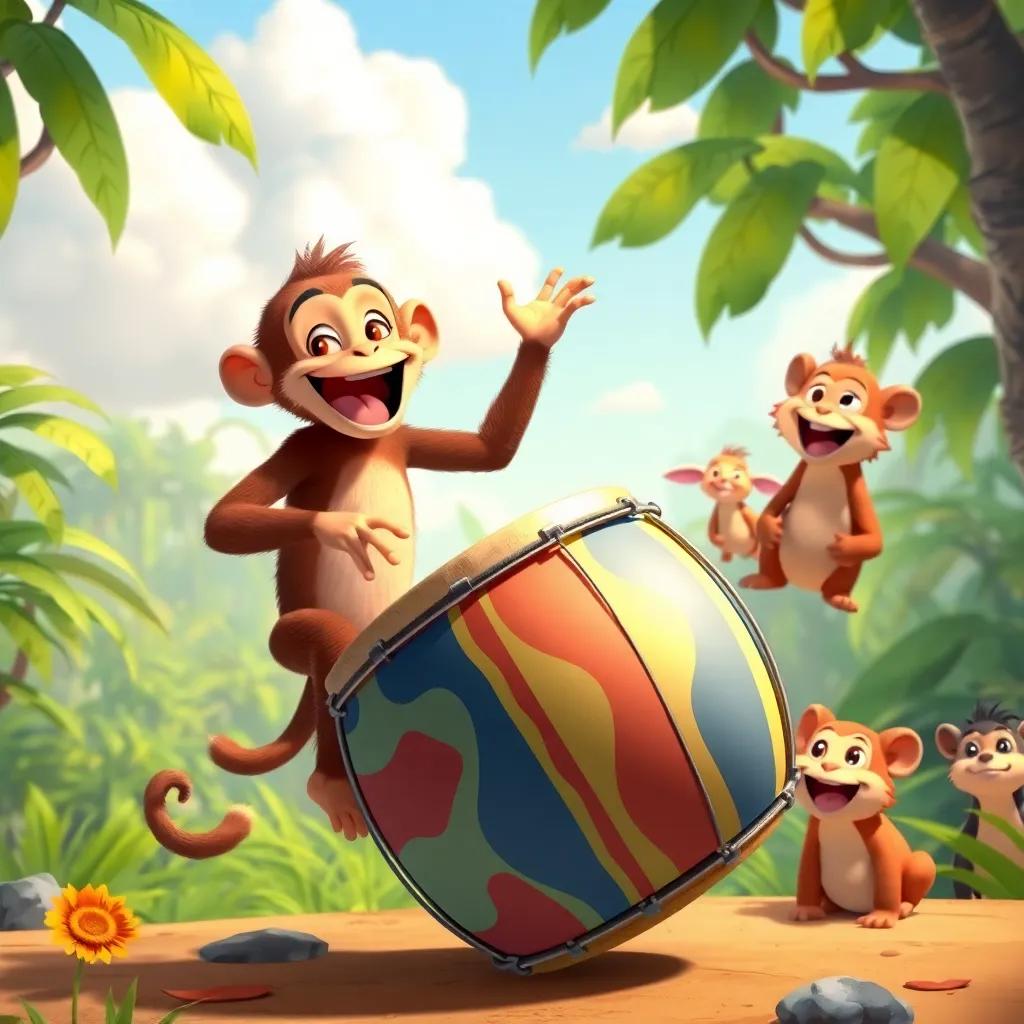 A clever monkey drumming on a big colorful drum, hopping joyfully, other animals smiling at him, fluffy clouds in the sky, vibrant jungle background, playful tones, lively scene, detailed illustration