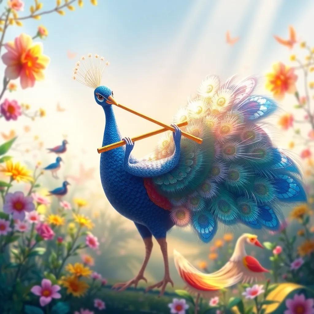 An elegant peacock with glimmering feathers, playing a soft flute, dancing gracefully in the sunlight, surrounded by flowers and happy animals, colorful and airy, fantasy setting, joyful mood