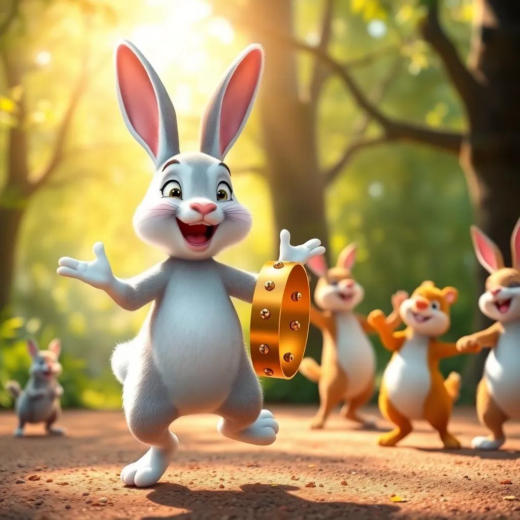 A cheerful rabbit shaking a shiny tambourine, hopping with joy, other animals dancing around him, soft sunlight filtering through trees, wakeful and energetic scene, child-friendly style, bright atmosphere