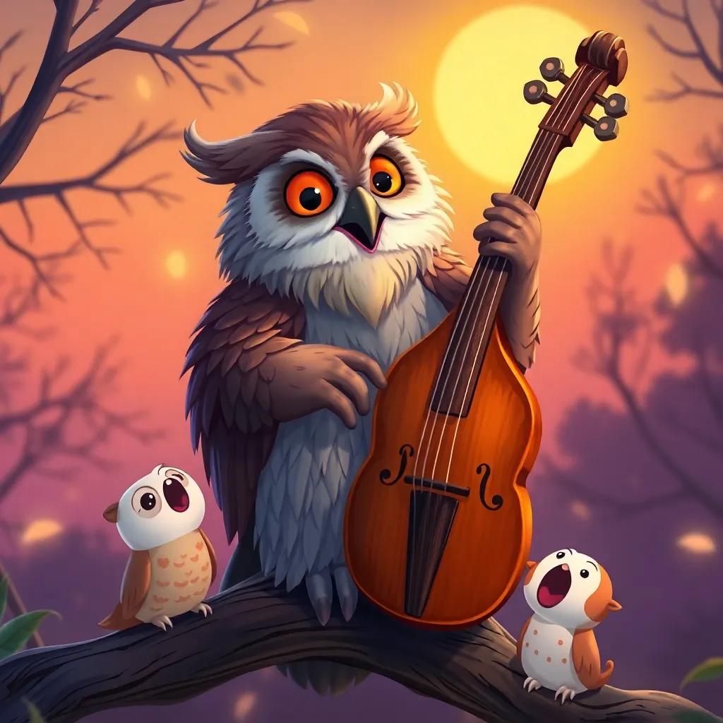 A wise old owl with a big bass, playing deep and growly music, sitting on a branch while animals look up in joy, twilight setting, warm and inviting colors, charming illustration