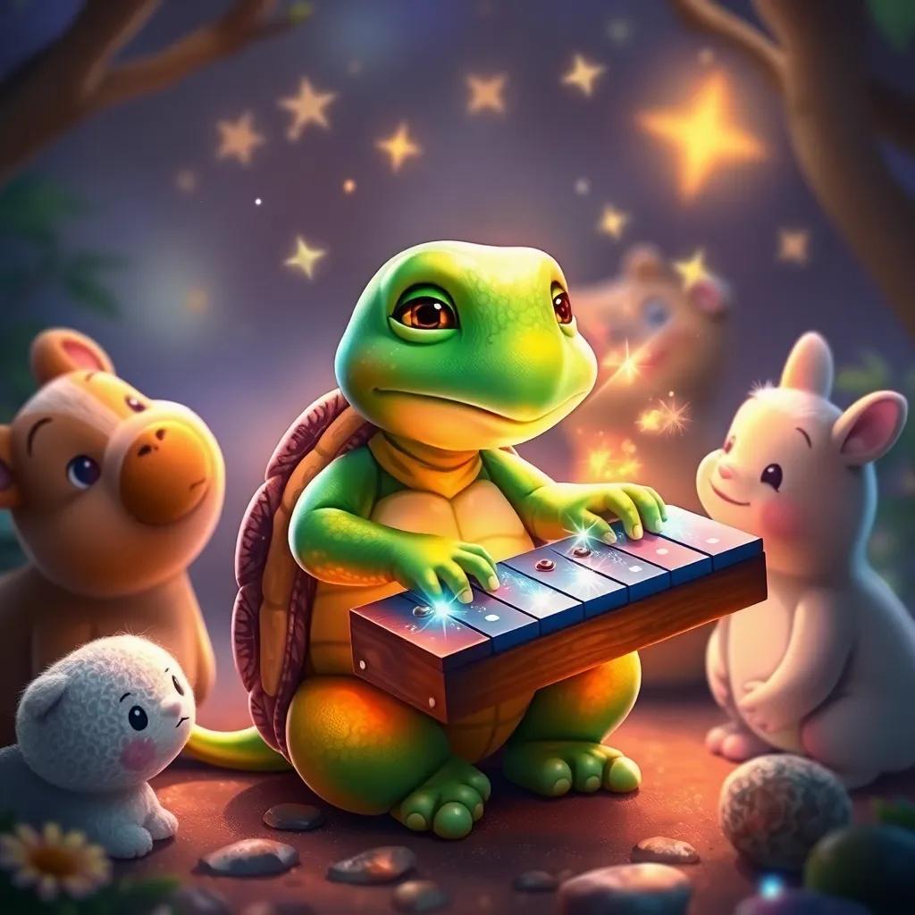 A little turtle playing a sparkling xylophone, notes twinkling like stars around her, other animals listening closely, magical glow around the scene, enchanting atmosphere, fairy tale style