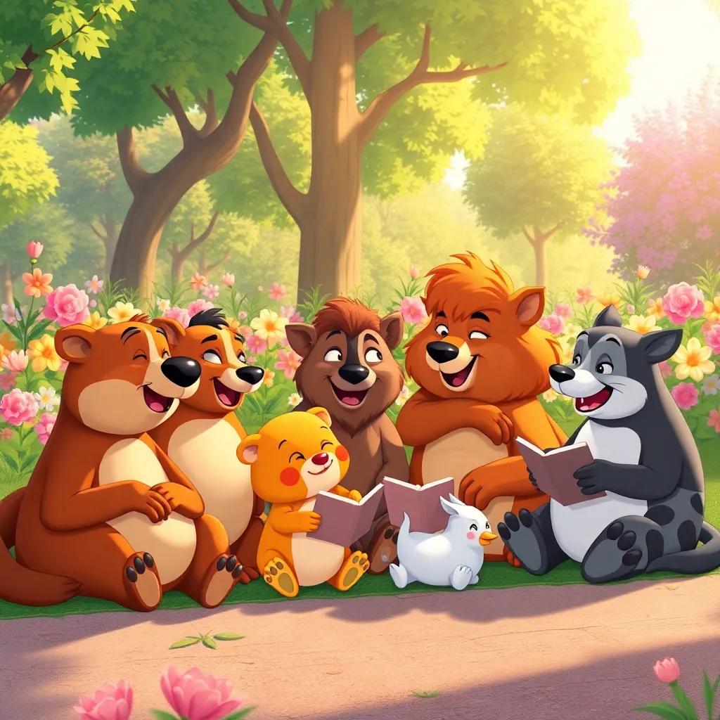 Animals resting together after the parade, telling stories and laughing, colorful backdrop of flowers and trees, warm sunlight, cozy and friendly atmosphere, heartwarming illustration