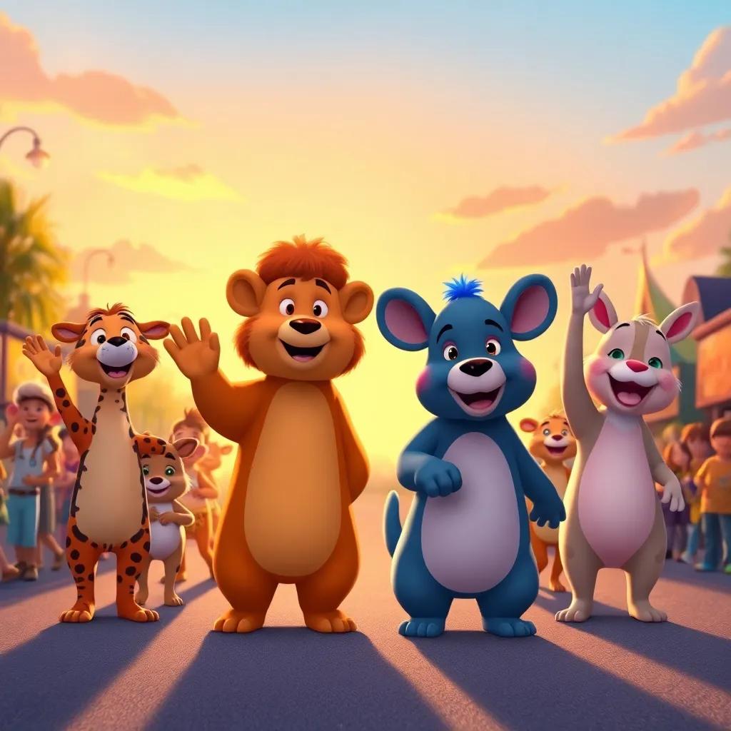 The animals happily waving goodbye at the end of the parade, promising to play music together again, soft sunset light, warm colors, happy expressions, nostalgic feeling, child-friendly art