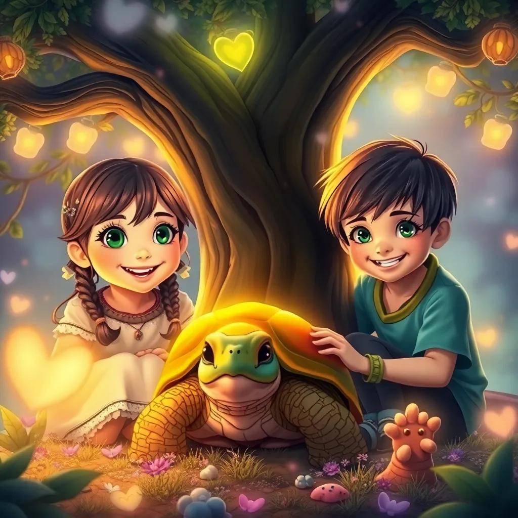 Two children, Rina with bright green eyes and Leo with a big smile, discovering a wise old turtle named Taku beneath a glowing tree, surrounded by dreamy elements, vibrant, inviting colors, storytelling scene, fantasy art, heartwarming
