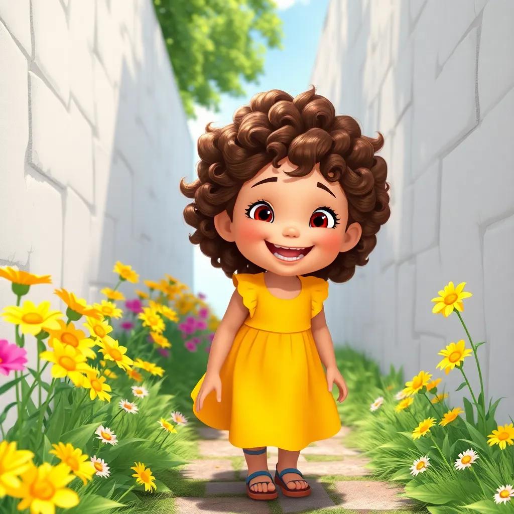 A young girl, Mia, with curly brown hair wearing a bright yellow dress, exploring a narrow path with a big smile and curiosity, surrounded by flowers, sunny day, cheerful, vibrant colors, high quality