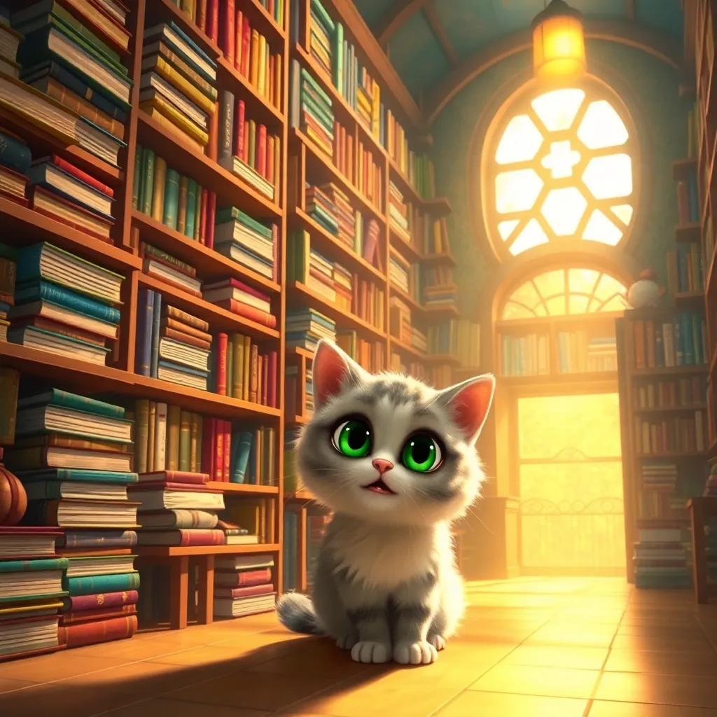 A magical bookshop with towering shelves filled with colorful shimmering books, soft golden light illuminating the space, a fluffy cat with big green eyes, warm atmosphere