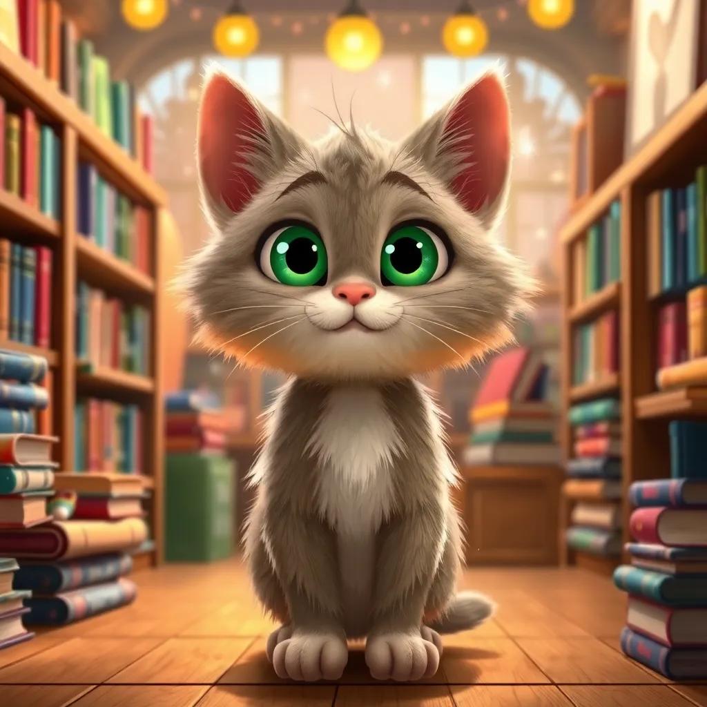 Whiskers, a fluffy cat with big green eyes, standing proudly in the bookshop, surrounded by sparkling books, inviting aura, cozy setting, child-friendly