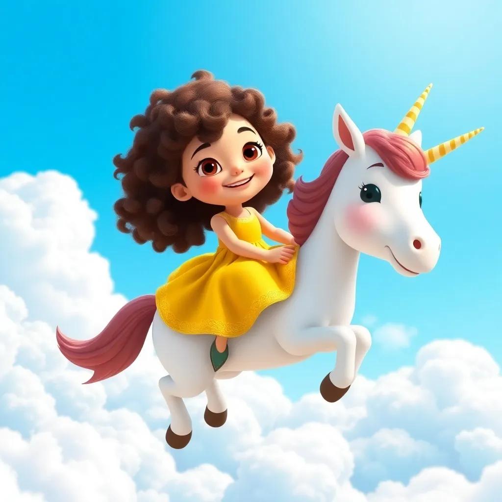 Mia, a young girl with curly brown hair in a yellow dress, flying on a magical unicorn above fluffy white clouds, a bright blue sky, joyful scenery, dynamic and playful