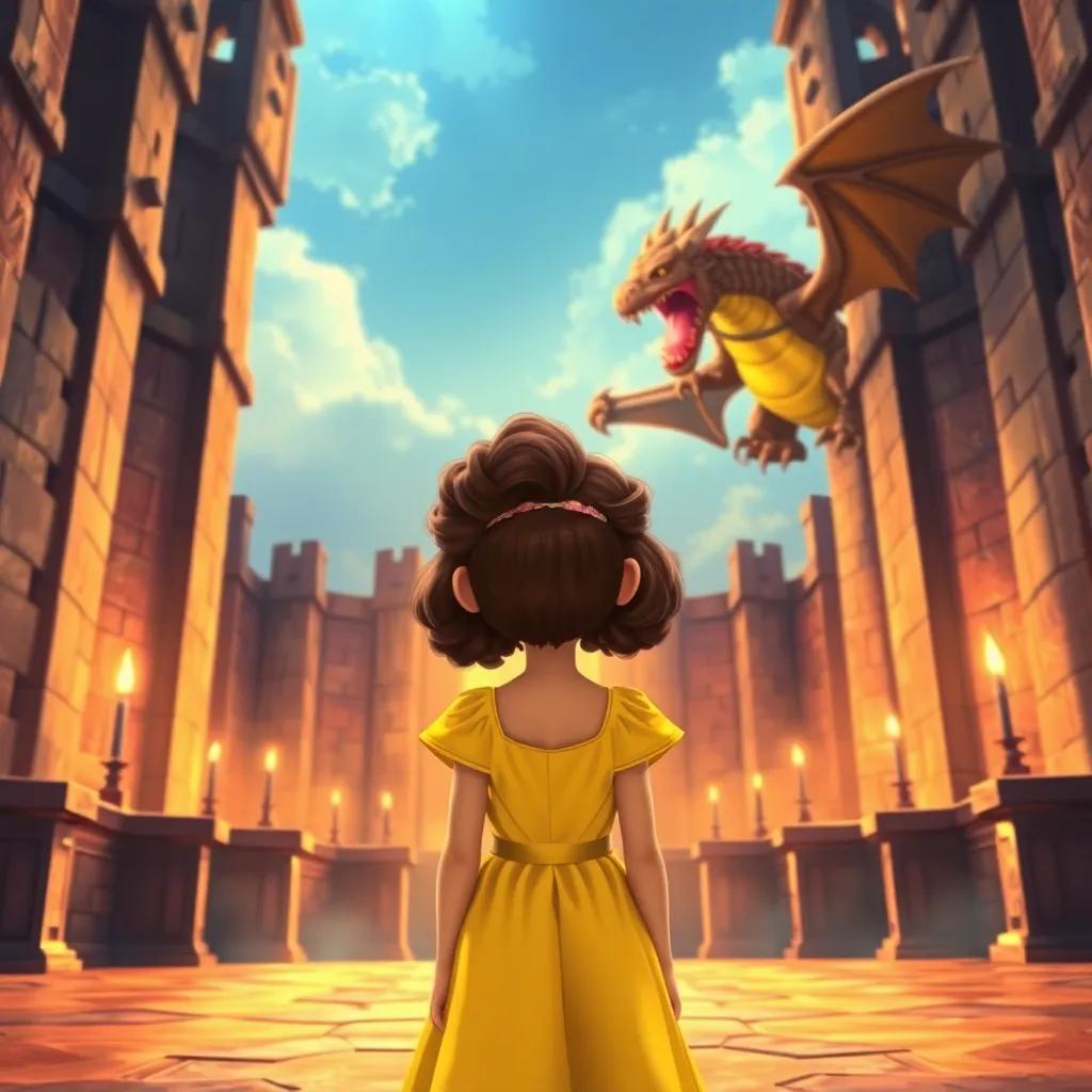 Mia, a young girl with curly brown hair in a yellow dress, standing in a grand castle watching a brave knight fight a dragon, thrilling scene, vibrant colors, animated perspective