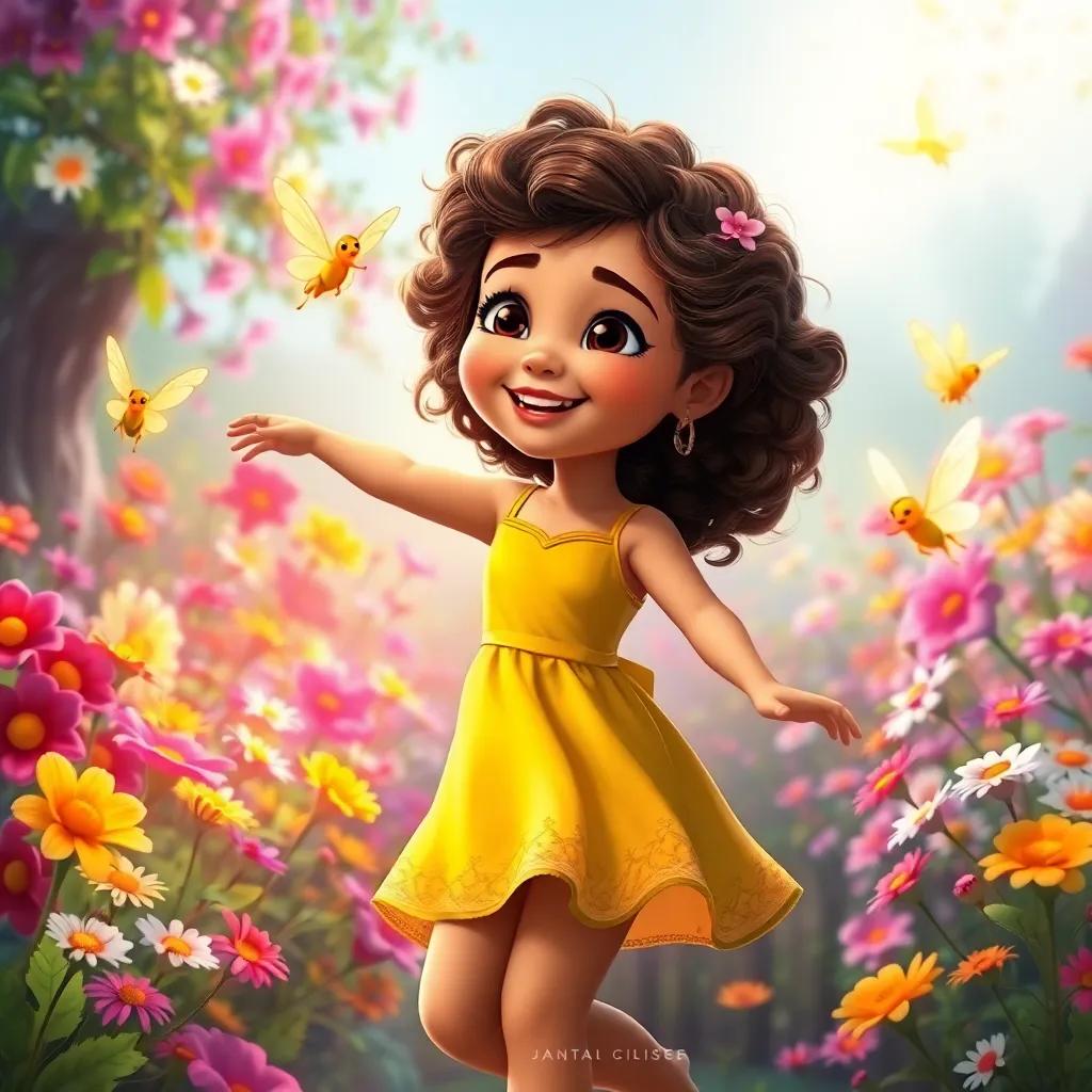 Mia, a young girl with curly brown hair in a yellow dress, dancing with fairies in a flower-filled garden, colorful and enchanting atmosphere, joyful and magical