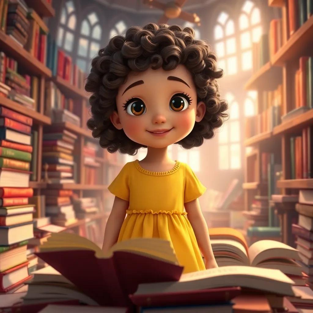 Mia, a young girl with curly brown hair in a yellow dress surrounded by an array of magical books, heartwarming and inviting space, bright light