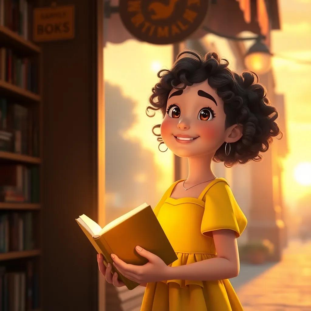 A close-up of Mia, a young girl with curly brown hair in a yellow dress, smiling happily as she leaves the bookshop, a glowing book in her hands, warm sunset, captivating feeling