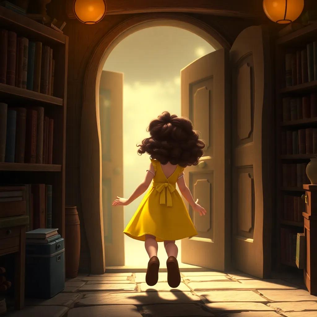 Mia, a young girl with curly brown hair in a yellow dress, walking back through the tiny door of the bookshop, excited and hopeful, magical glow, enchanting