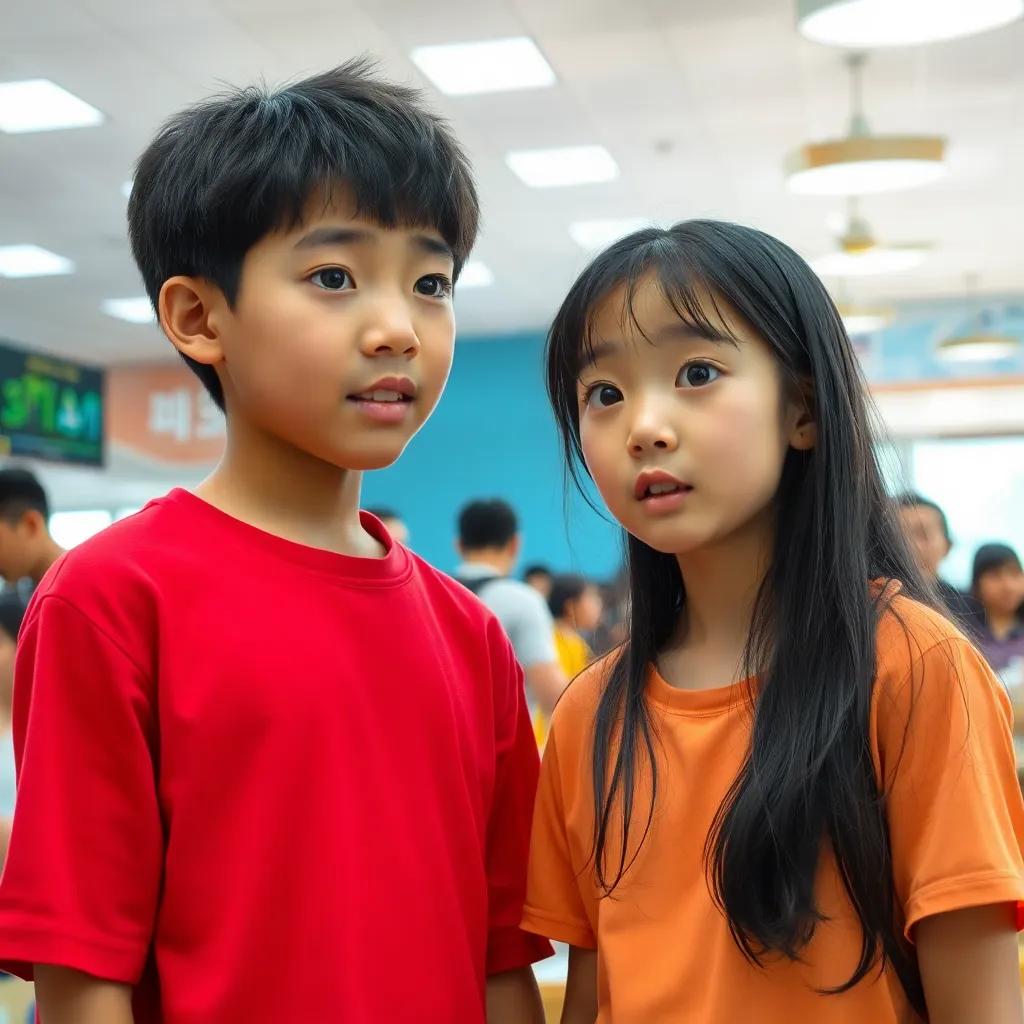 A young girl, Y/n, with long black hair, looking surprised while talking to Choso Kamo, a young Asian boy with short dark hair, wearing a red shirt, in a bright cafeteria filled with students, capturing a moment of curiosity, cheerful colors, lively environment, high quality