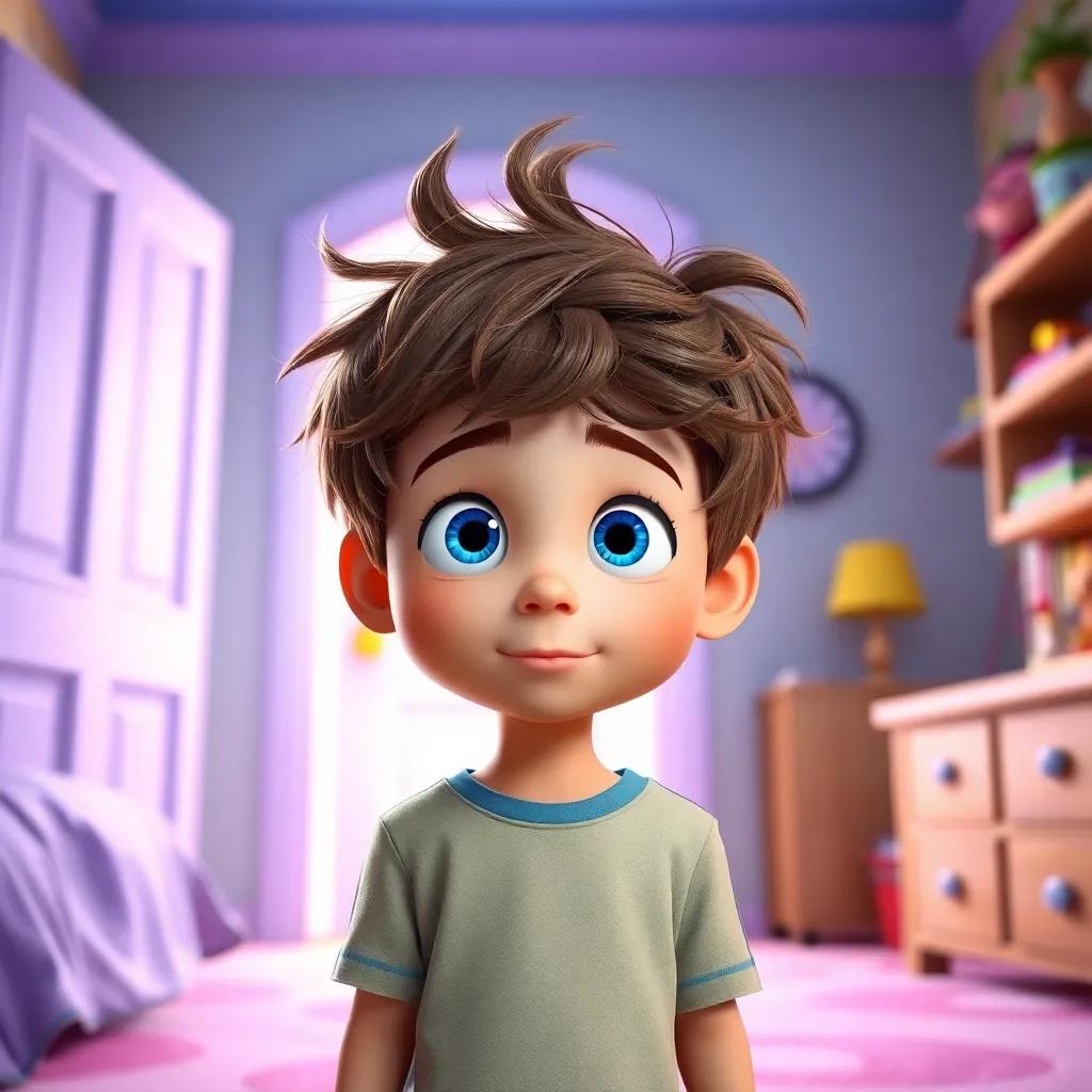 A curious young boy, Max, with big blue eyes and messy brown hair, standing in front of a glowing door in his colorful bedroom, bright and whimsical, 3D animated style, soft glowing lights, vibrant colors, imaginative perspective, high quality.