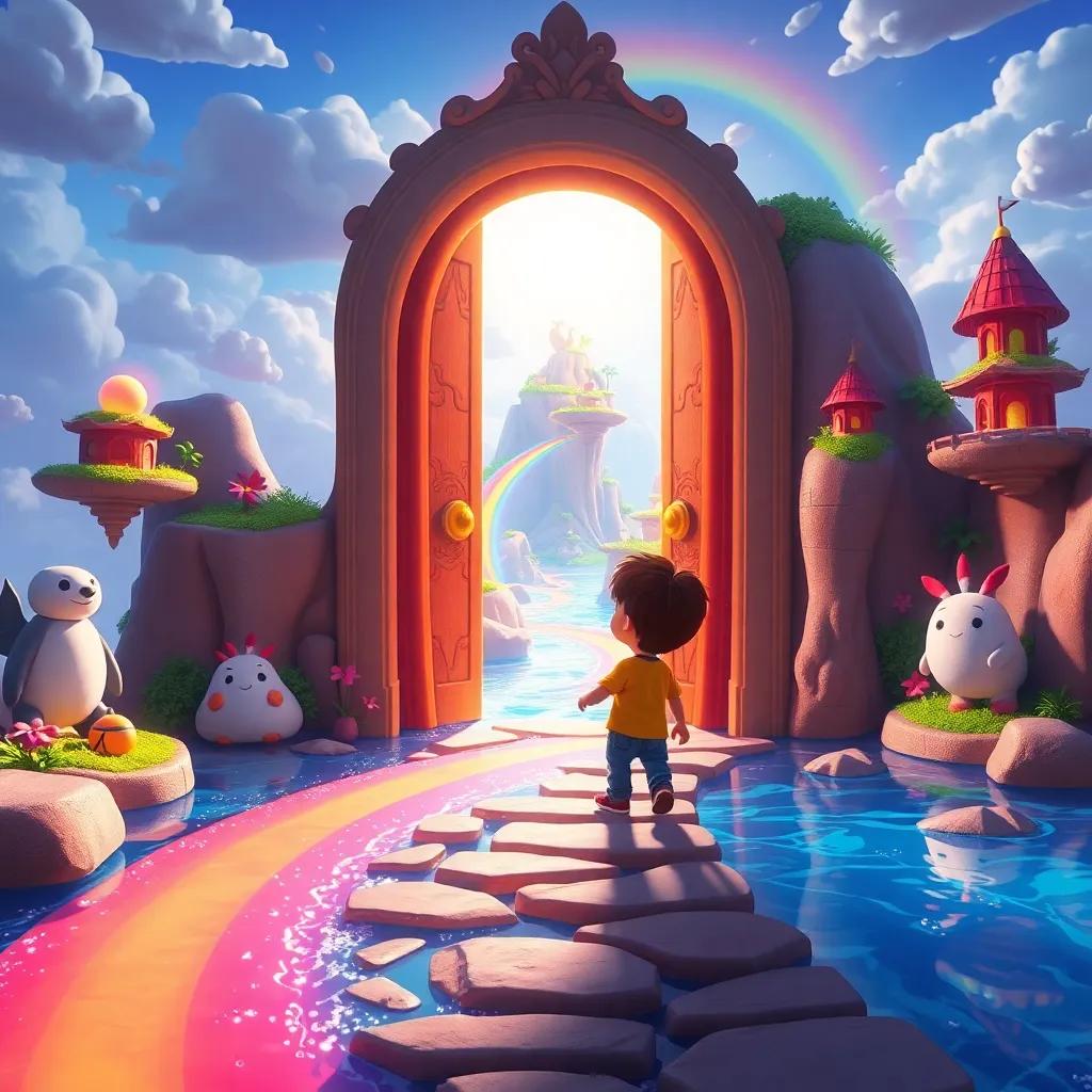 Max, stepping through the glowing door into a magical world with floating islands and a shimmering rainbow river, filled with fantasy creatures, bright colors and dreamy atmosphere, 3D animation, joyful and lively, high quality.