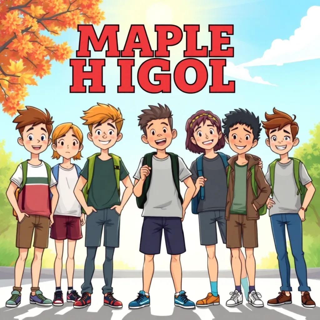 A group of five diverse teenage boys standing together in school uniforms at Maple High, smiling and looking excited, bright sunlight casting shadows, cheerful atmosphere, cartoon style, vibrant colors, clear focus, children's comic book style