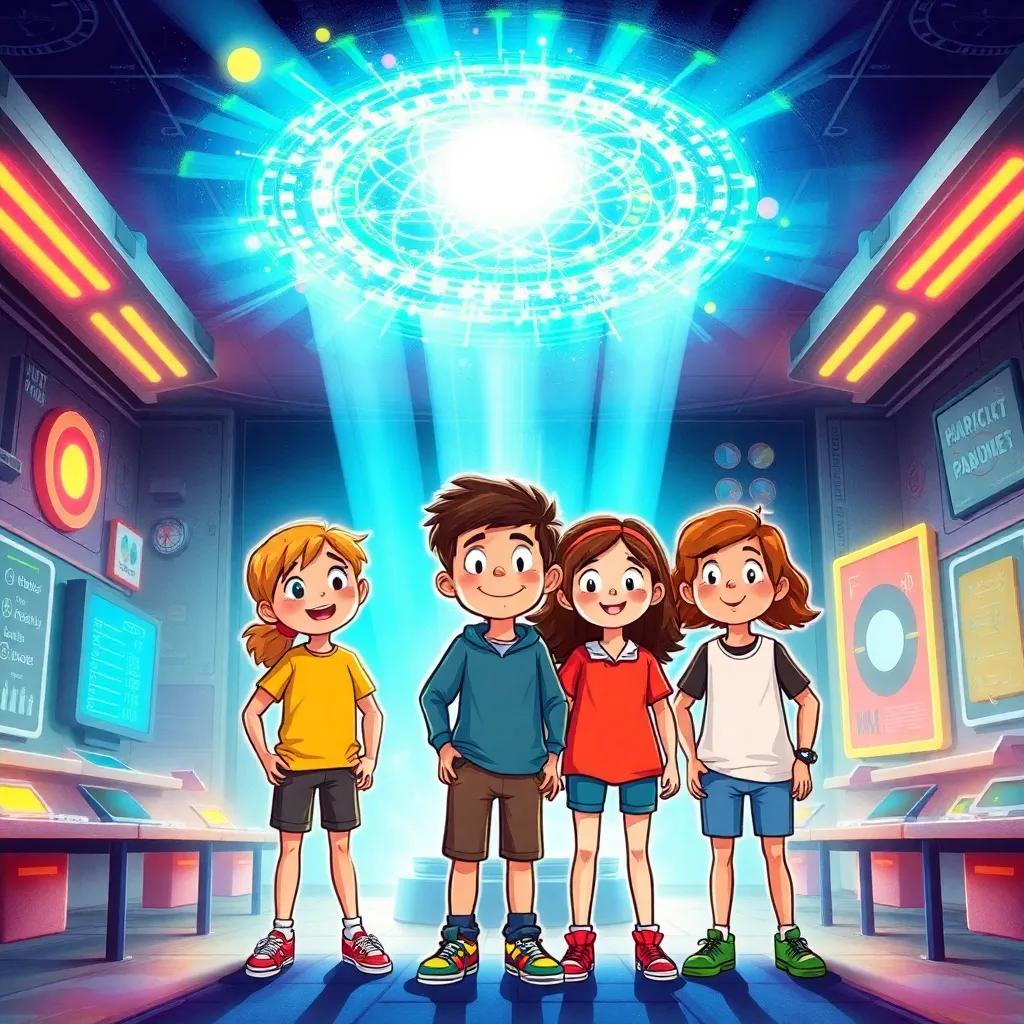 A high-tech classroom with bright lights, showing a particle accelerator swirling with energy, five friends standing together with amazed expressions, colorful lights reflecting off their faces, blend of science fiction and adventure, highly detailed, vibrant and energetic