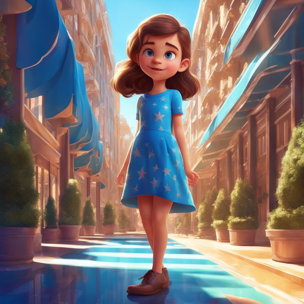 A curious girl, Lily, with brown hair wearing a bright blue dress, standing in front of a shiny five-star hotel, a sunlit day, digital art, vibrant colors, adventurous atmosphere, high quality
