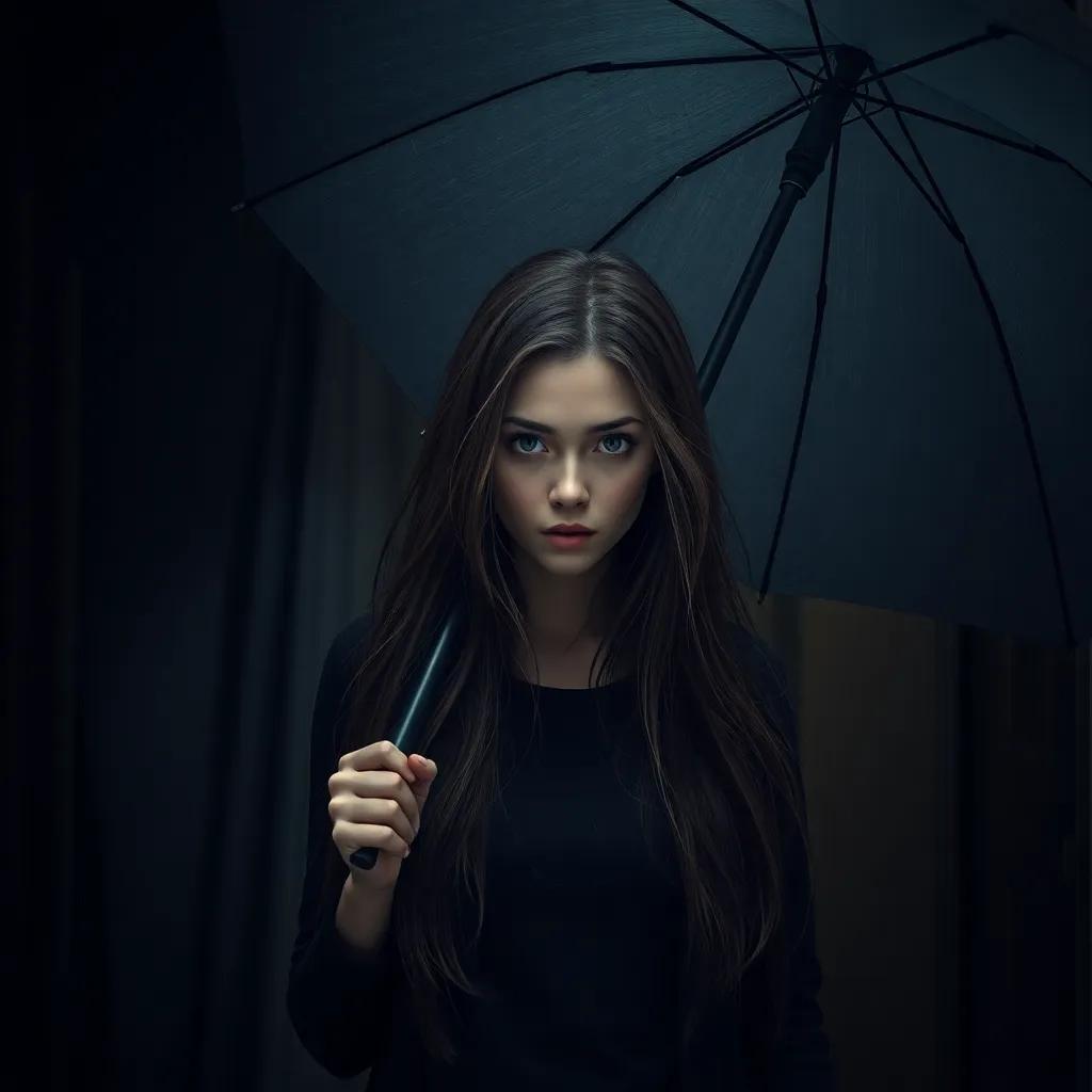 A young woman, YN, with long hair and determined expression, holding a sturdy umbrella in her apartment, shadows creeping in, digital art, dark colors, tense atmosphere, high quality