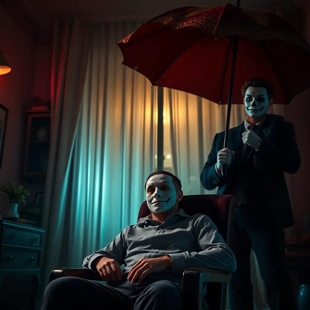 A masked man tied to a chair, looking surprised, with YN standing confidently with an umbrella, inside a dimly lit apartment, bright colors from lights, suspenseful and engaging scene, detailed digital art, high quality