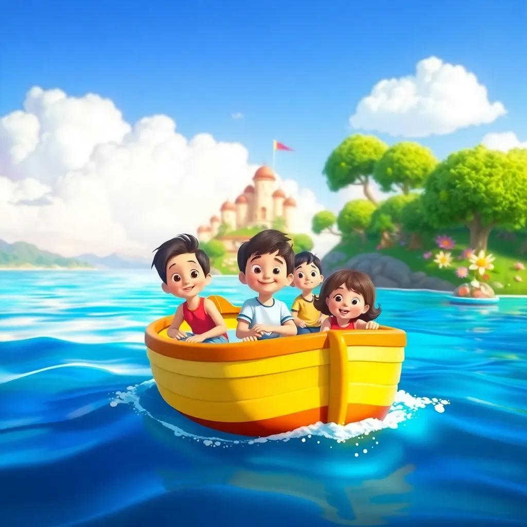 A group of children sailing on a small boat towards a colorful island, bright and sunny skies, curious expressions, vibrant green trees and fun flowers in the background, digital art, cheerful, inviting atmosphere, high quality