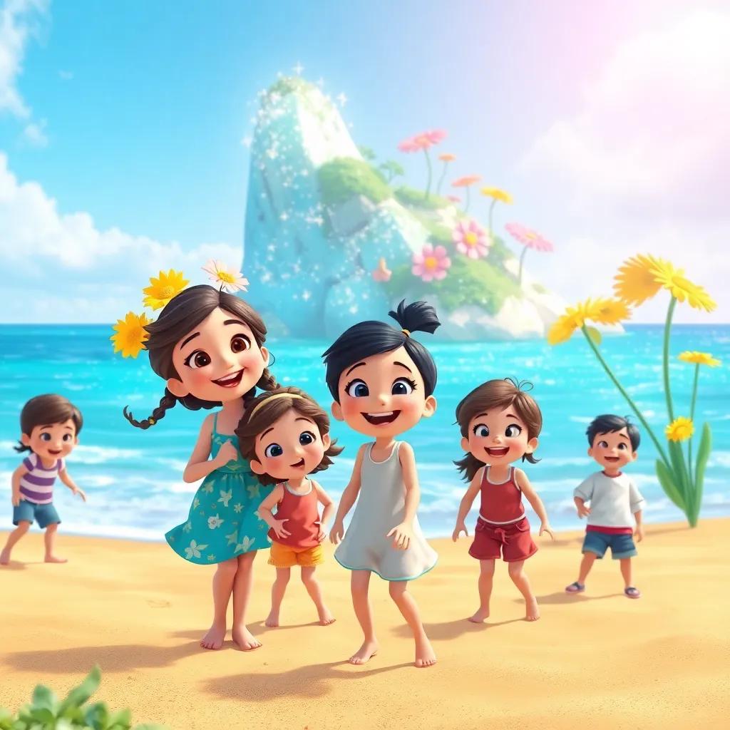 Ellie and her friends on the beach of a sparkling island with funny flowers, children laughing in the background, warm sandy shores, joy and excitement on their faces, illustration, bright colors, joyful scene, high quality