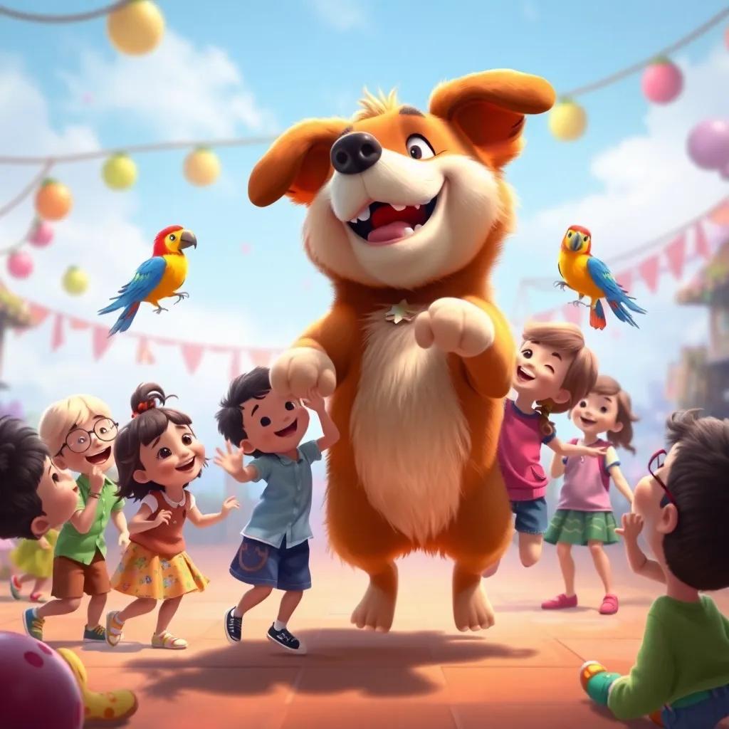 Children playing and laughing, a big dog jumping, a parrot dancing, a happy atmosphere, colorful people with bright clothing, digital painting, whimsical, lively environment, high quality