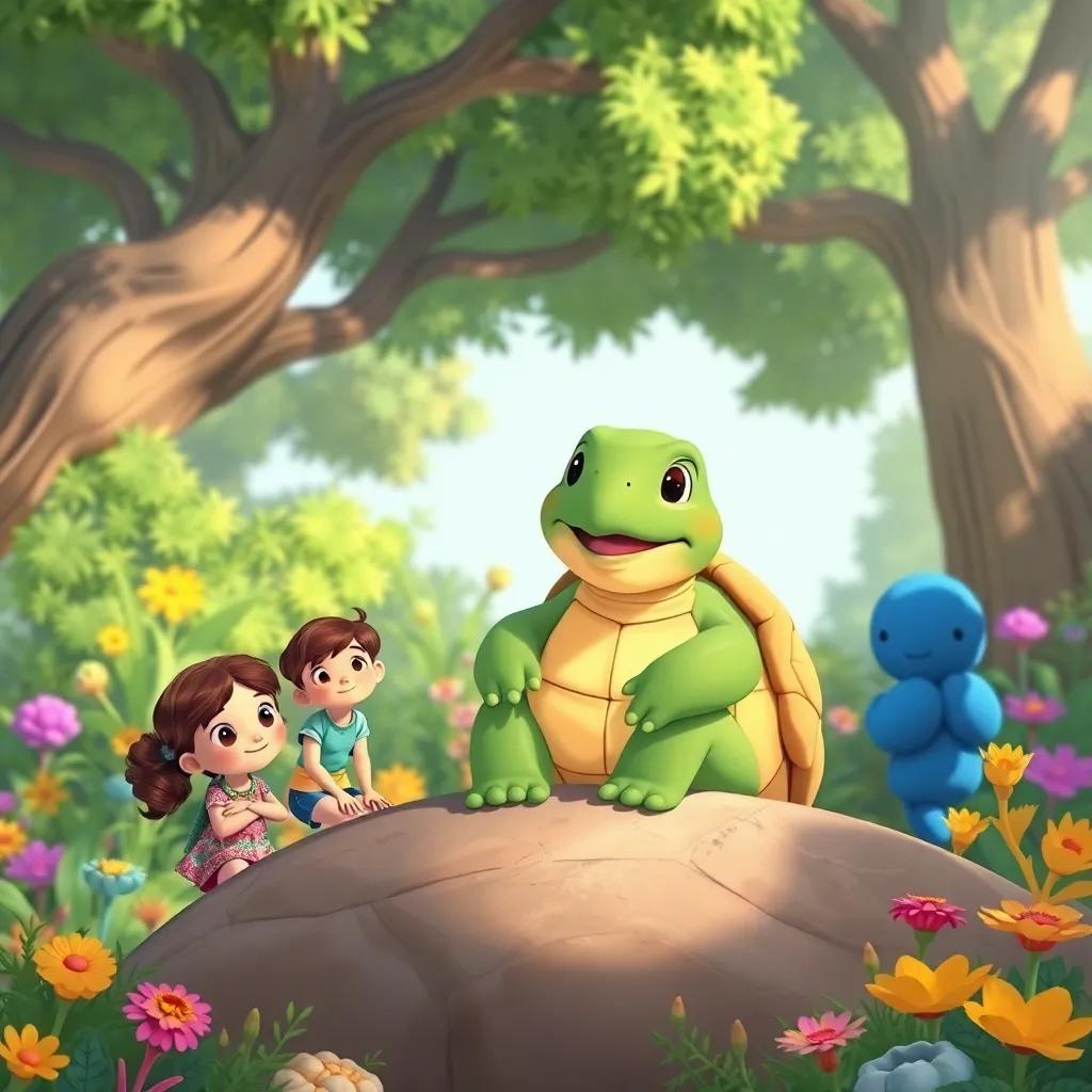 Ellie and her friends meeting a wise old turtle named Tully sitting on a rock smiling, trees in the background, colorful plants around, characters looking curious, illustration, cheerful, bright light, high quality
