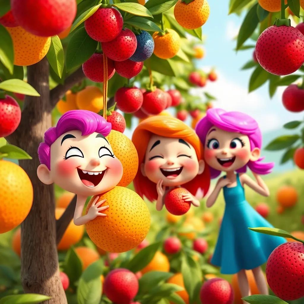A close-up of colorful Giggle Fruits hanging from trees, Ellie and her friends picking fruits, joyful expressions on their faces, whimsical landscape filled with laughter, bright and colorful, digital art, fun and playful, high quality
