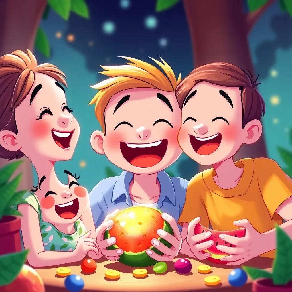 Ellie, Max, and their friends laughing uncontrollably as they sample a bite of the magical Giggle Fruit, vibrant colors, cartoon-style illustration, joy overflowing, high quality