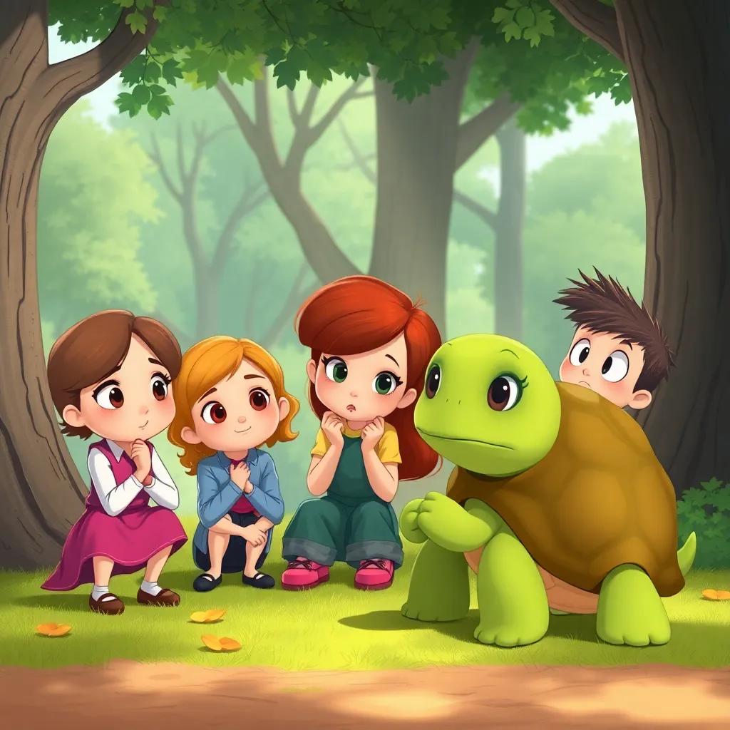 Ellie and friends creating a plan with Tully the turtle to bring laughter back home, a thoughtful atmosphere, characters with determined expressions, trees in the background, illustration, whimsical and endearing, high quality