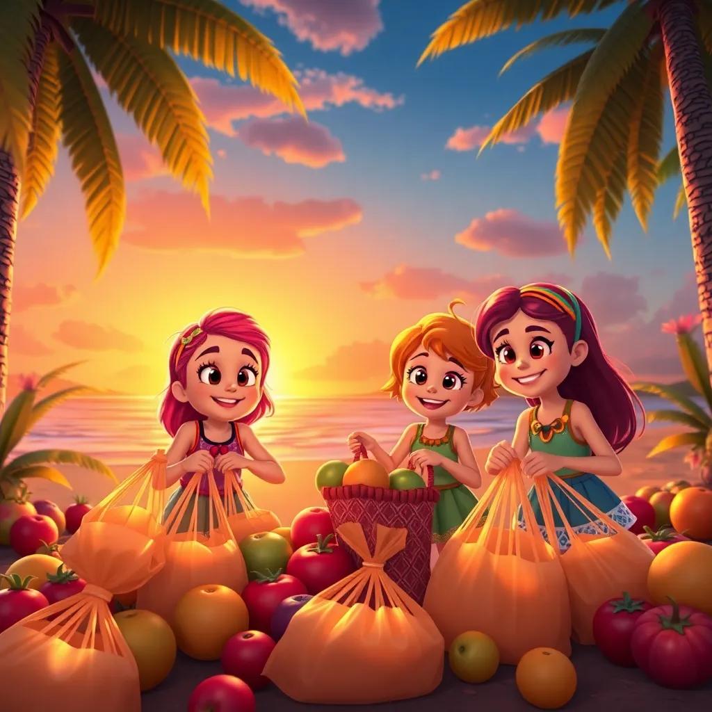 Ellie and her friends filling their bags with colorful Giggle Fruits at sunset, happy faces, glowing light, excitement in the air, beautiful island scenery, digital painting, warm colors, heartfelt moment, high quality