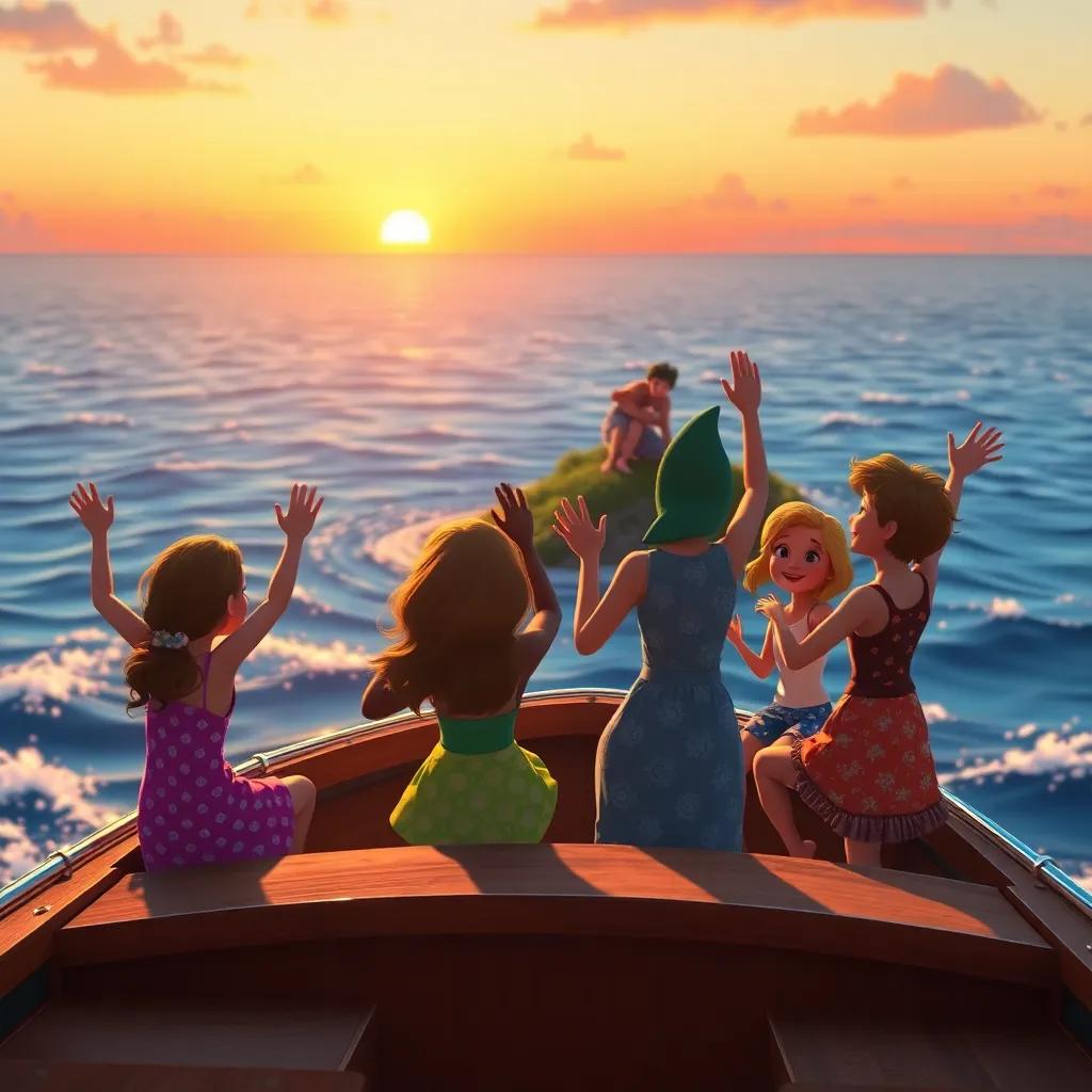 A scene of Ellie and friends waving goodbye to the island from their boat, treasure of laughter in their hearts, sunset colors in the background, playful water waves, digital art, emotional and touching, high quality