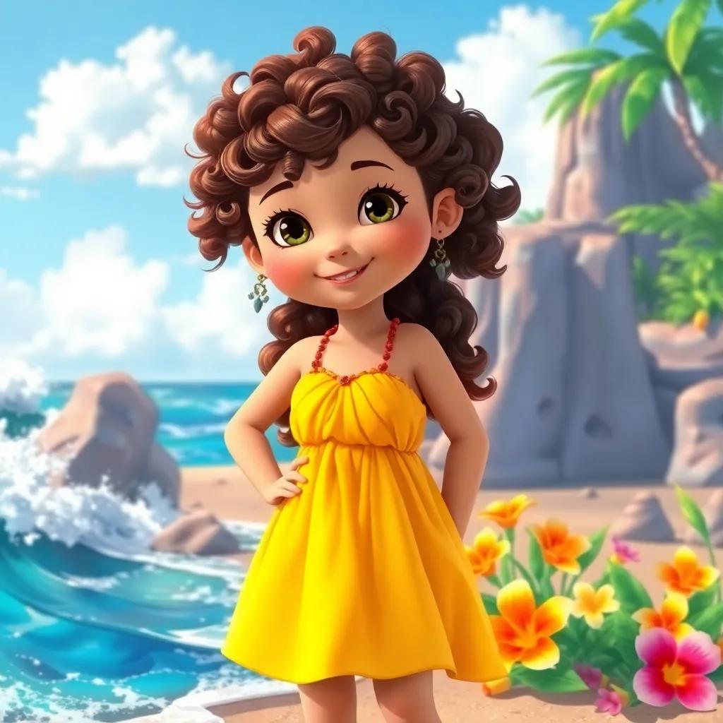A young girl, Mia, with curly brown hair wearing a bright yellow sundress, standing on the shoreline of a colorful island, with waves crashing and tropical flowers around her, whimsical, vibrant colors, sunny atmosphere, cheerful, high quality